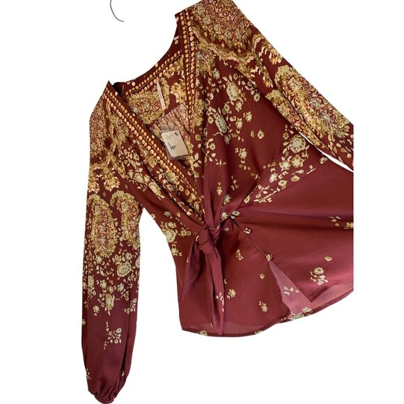 Free People S Boho Floral Tie Front Blouse Top Small NWT Burgundy Long Sleeve - Picture 7 of 13